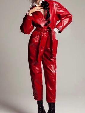 Philosophy di Lorenzo Serafini Red Faux-Leather Wrap Jumpsuit with Floral Accent